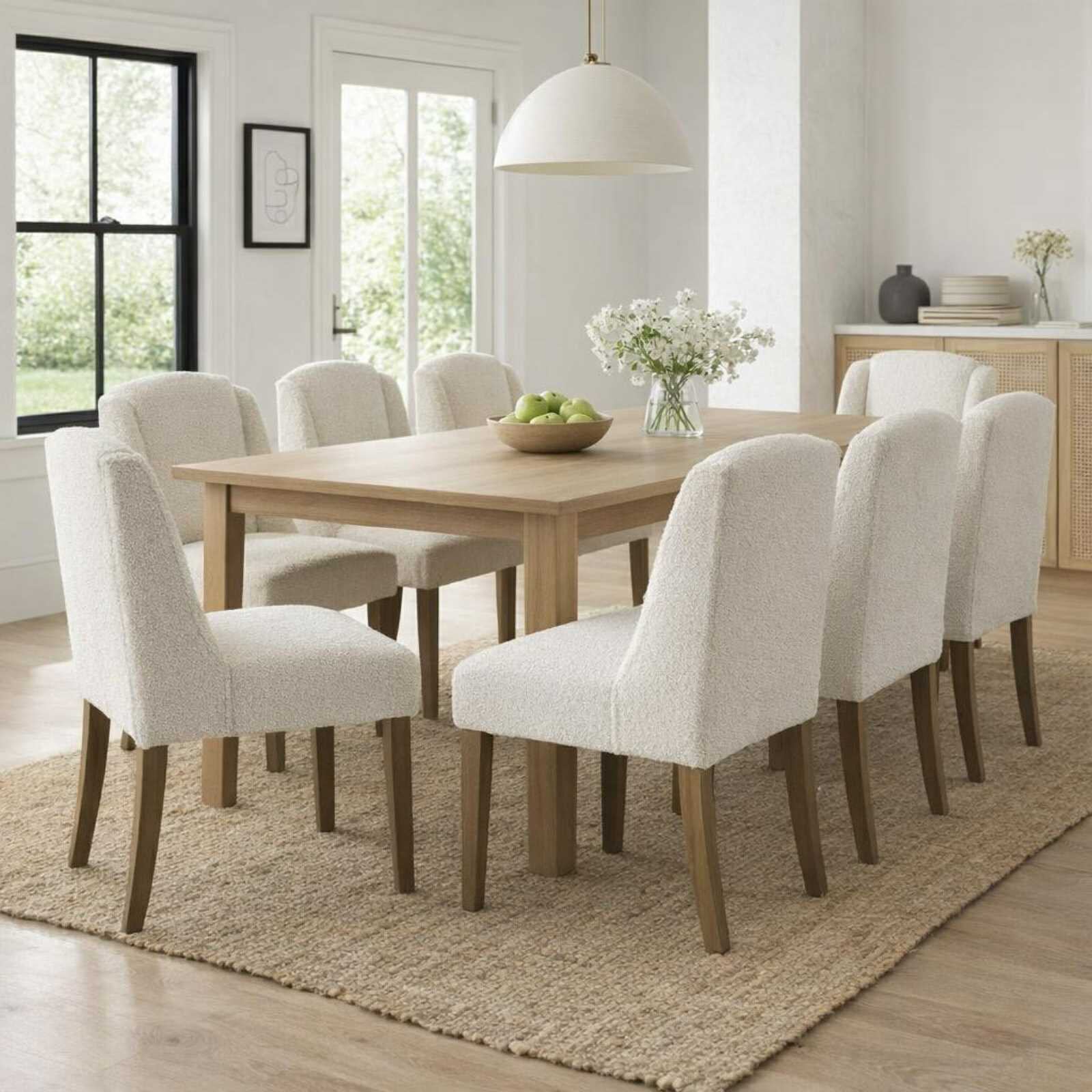 Compton Boucle Dining Chairs around a dining table