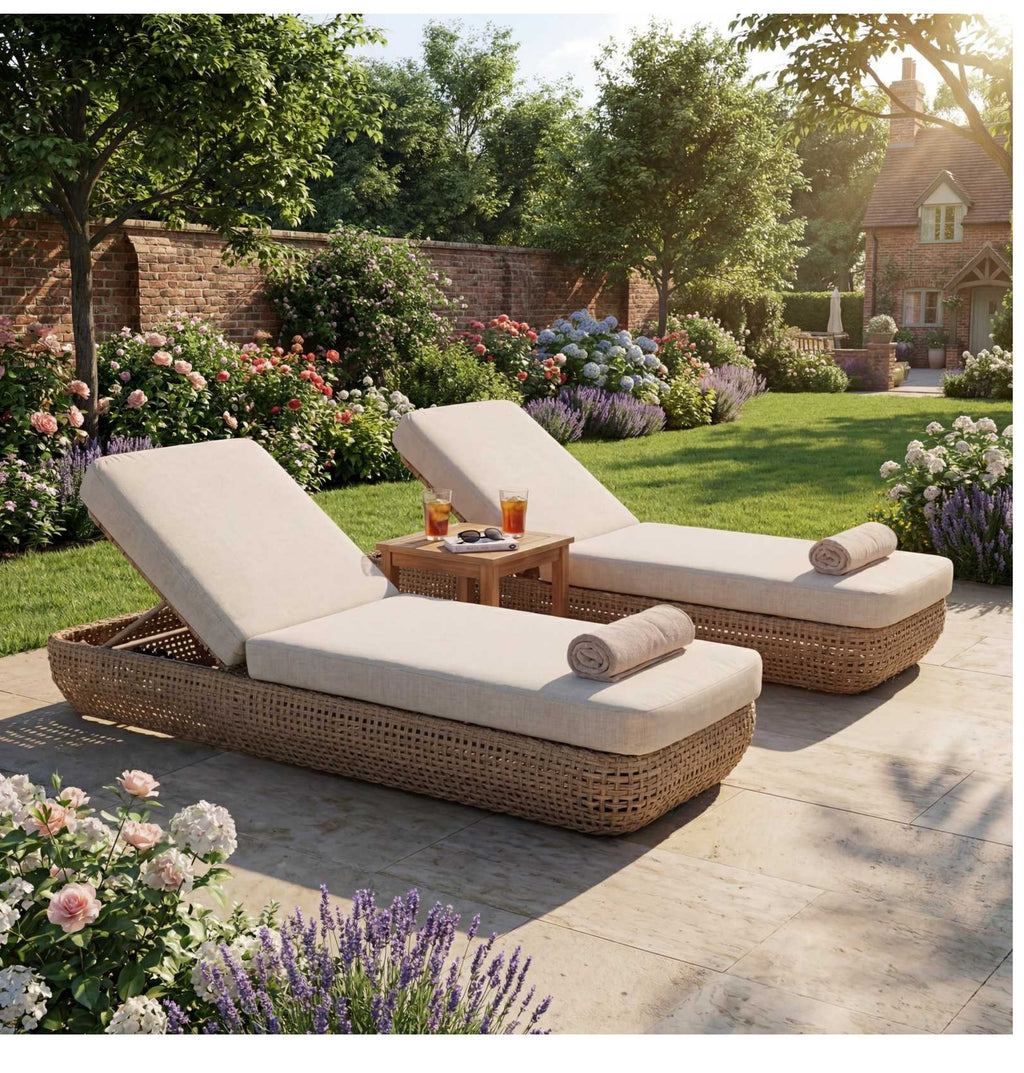 Bloom Collection outdoor sunbeds on a garden terrace
