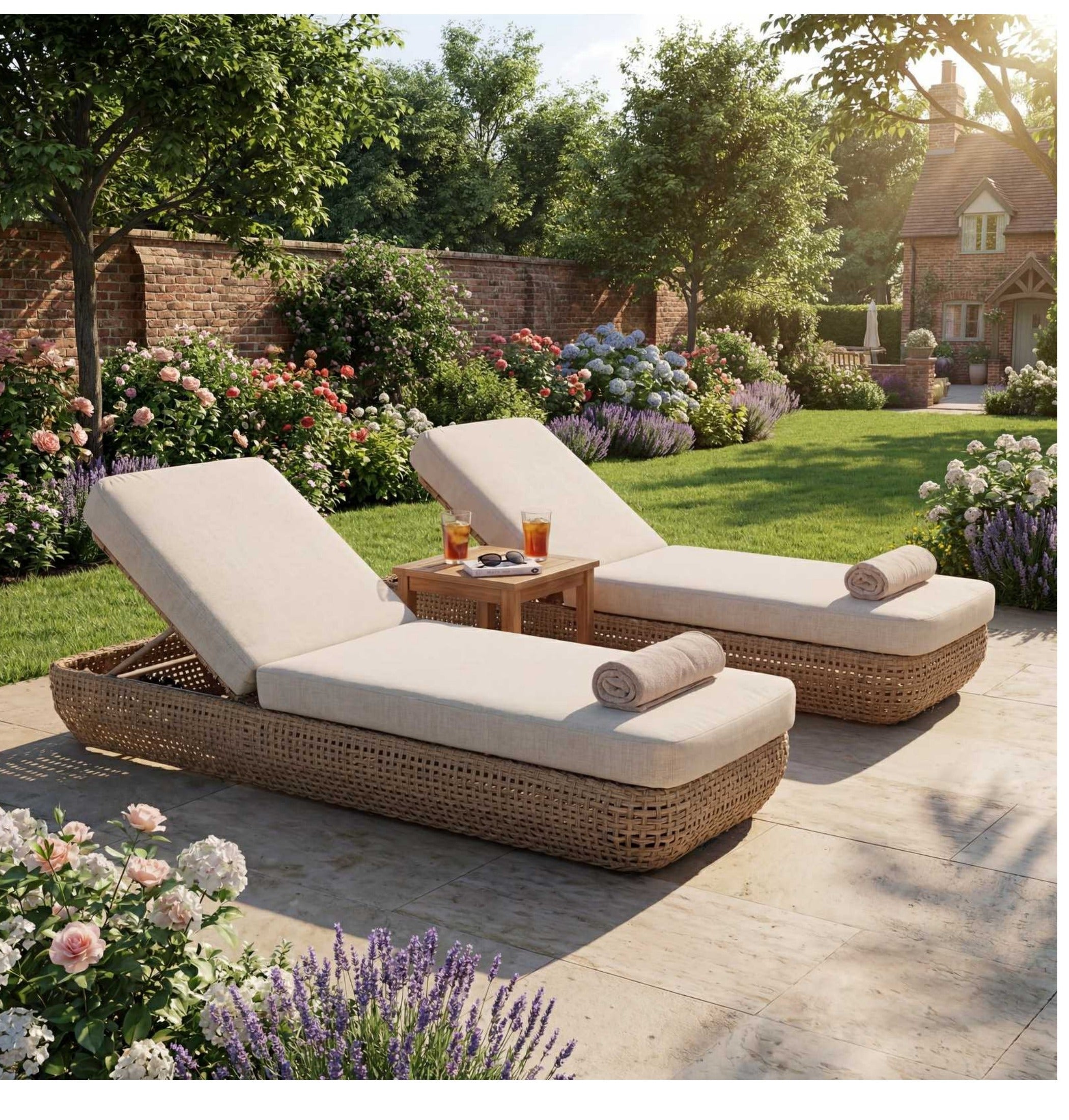 Bloom Collection outdoor sunbeds on a garden terrace