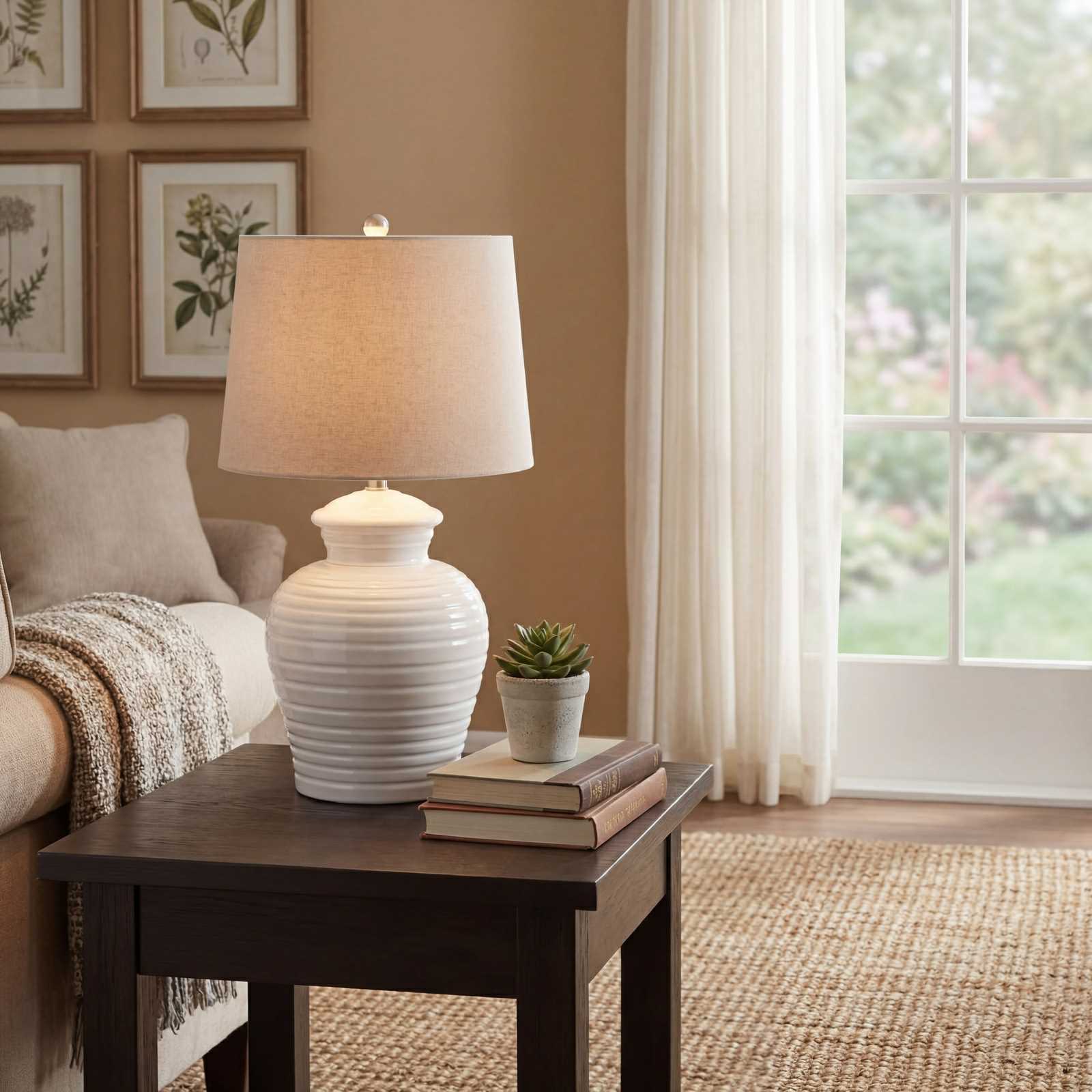 White Ceramic Pot Lamp With Linen Shade